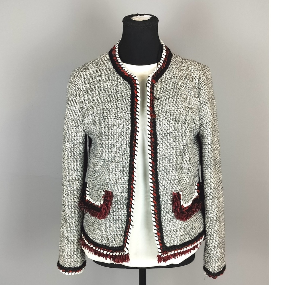 Zara Basic Cotton Blend Braided Trim Tweed Jacket Womens‎ M Grey Burgundy Fringe